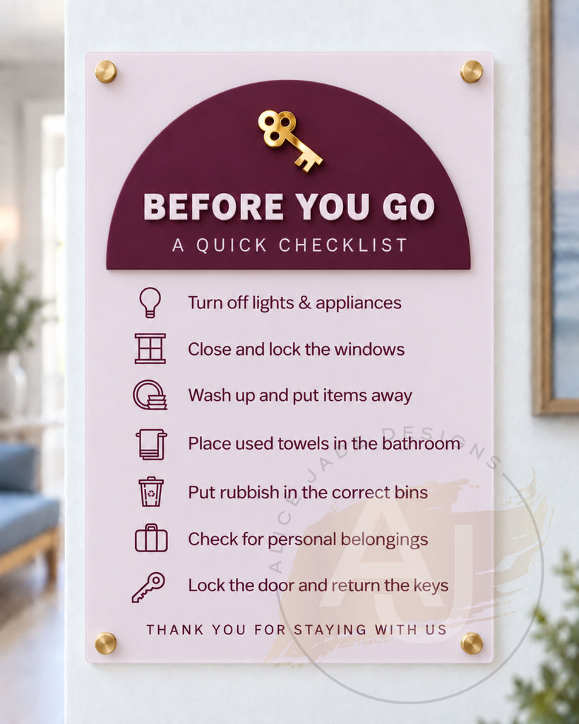 Before You Go – Acrylic Checkout Checklist Sign for Holiday Lets & Airbnb