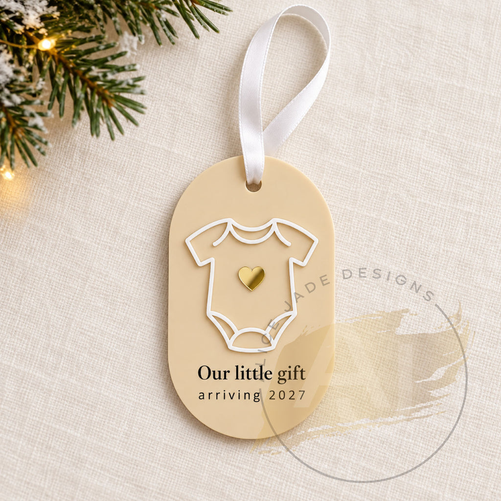 Pregnancy Announcement Christmas Decoration, Baby Arriving 2027, Acrylic Bauble, Our Little Gift Keepsake