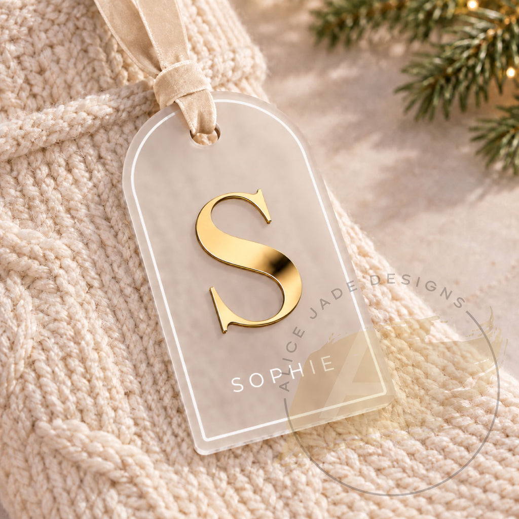 Personalised Acrylic Christmas Stocking Tag with Gold Mirror Initial and Name