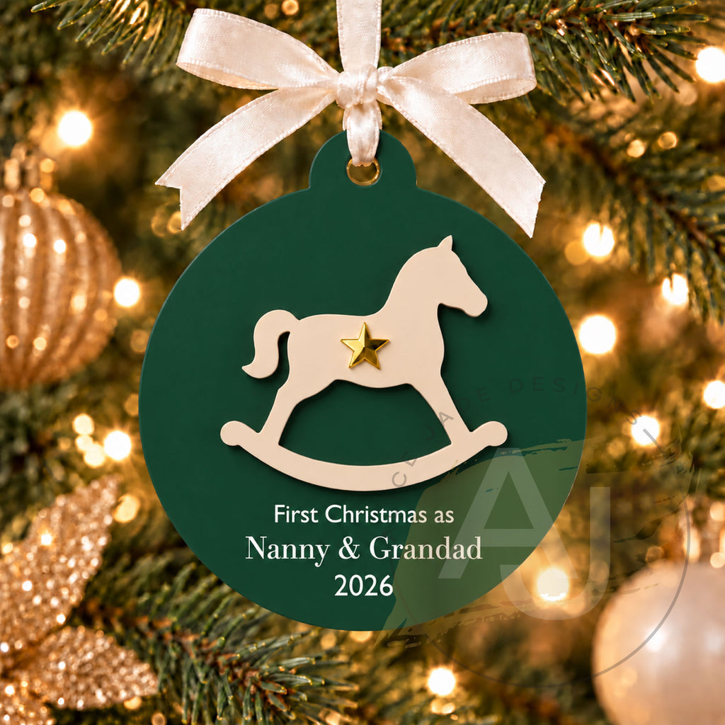 Personalised Rocking Horse Christmas Decoration, Custom Bauble, Baby’s First Christmas New Grandparents Keepsake