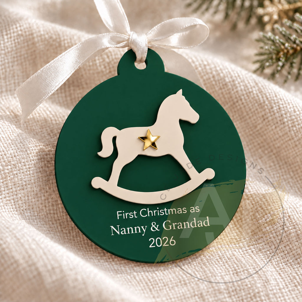 Personalised Rocking Horse Christmas Decoration, Custom Bauble, Baby’s First Christmas New Grandparents Keepsake