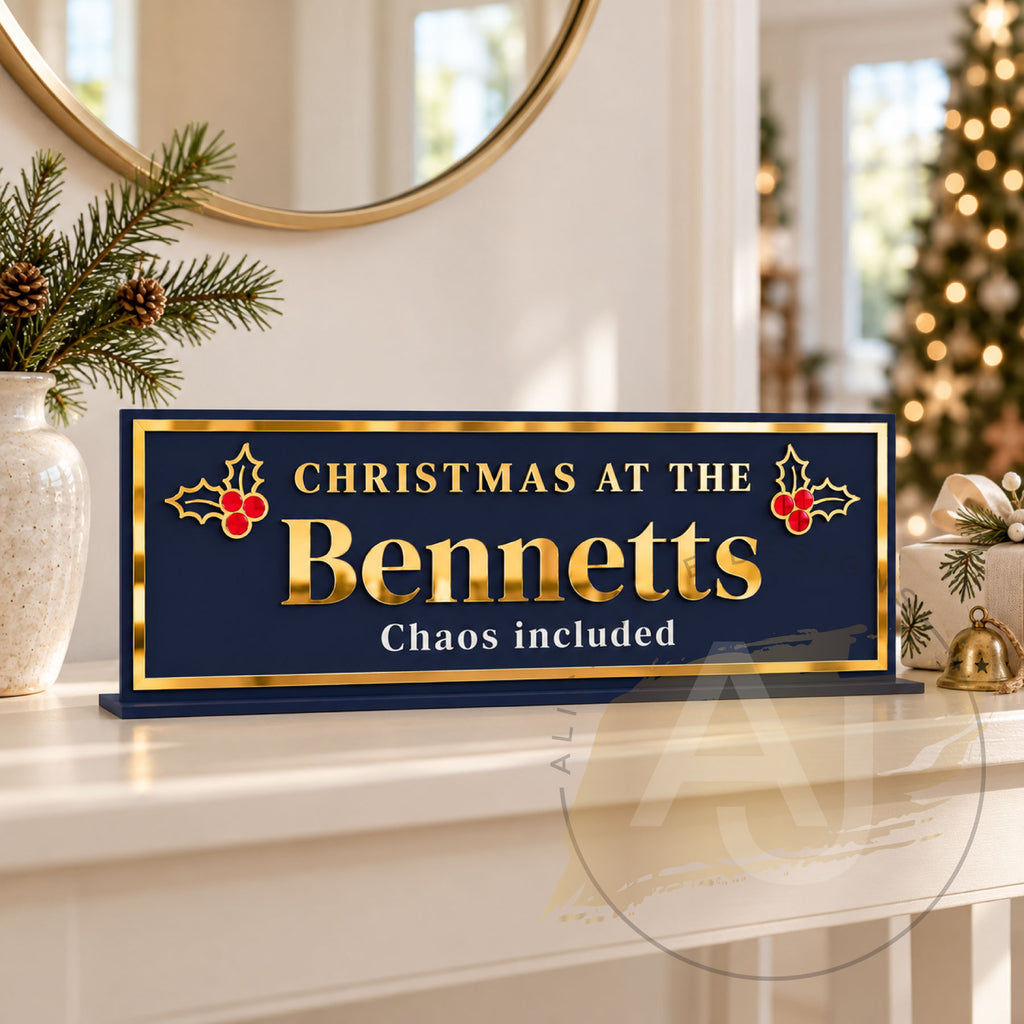Personalised Christmas Table Sign – Family Chaos – Acrylic Decoration with Gold Mirror Details