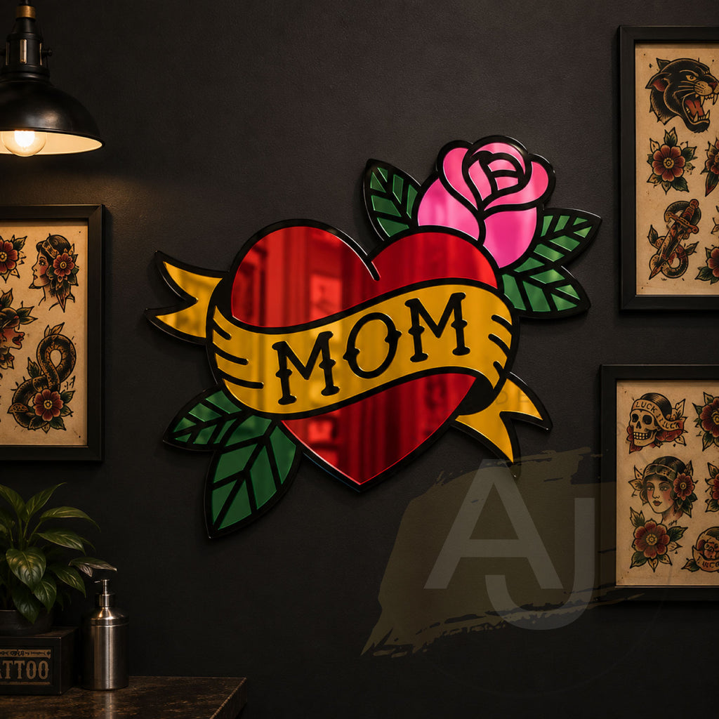 "MOM" Heart Rose Acrylic Mirror Wall Art – Tattoo Inspired Decor