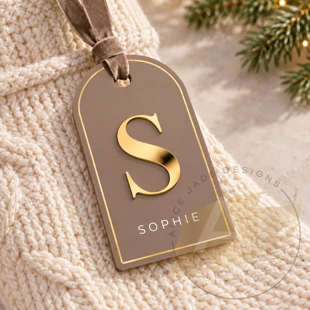 Personalised Acrylic Christmas Stocking Tag with Gold Mirror Initial and Name