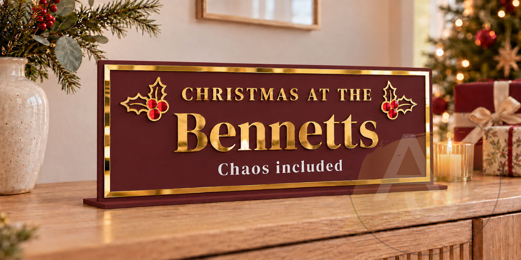 Personalised Christmas Table Sign – Family Chaos – Acrylic Decoration with Gold Mirror Details