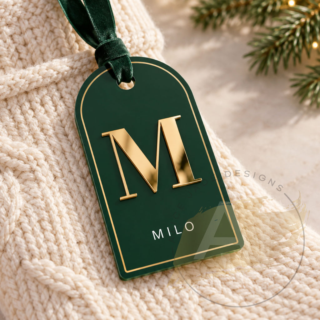 Personalised Acrylic Christmas Stocking Tag with Gold Mirror Initial and Name