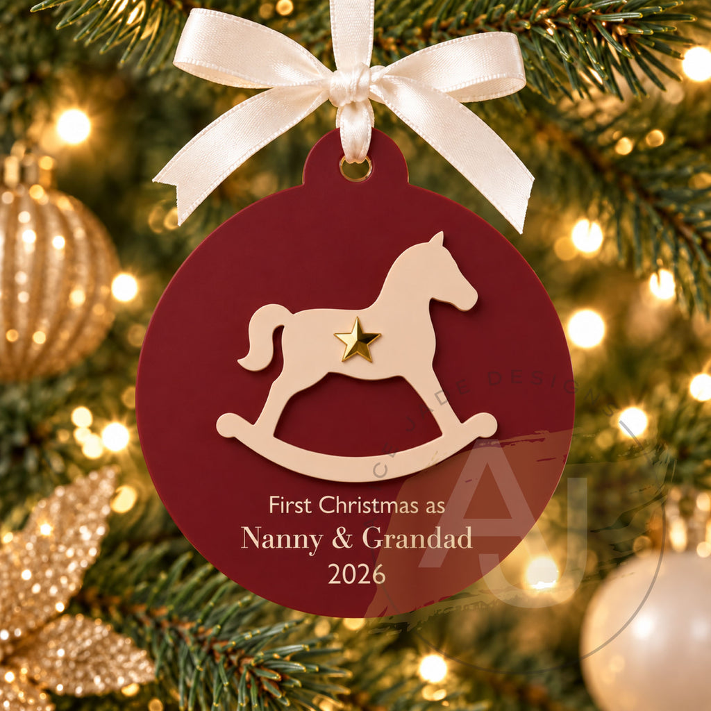 Personalised Rocking Horse Christmas Decoration, Custom Bauble, Baby’s First Christmas New Grandparents Keepsake