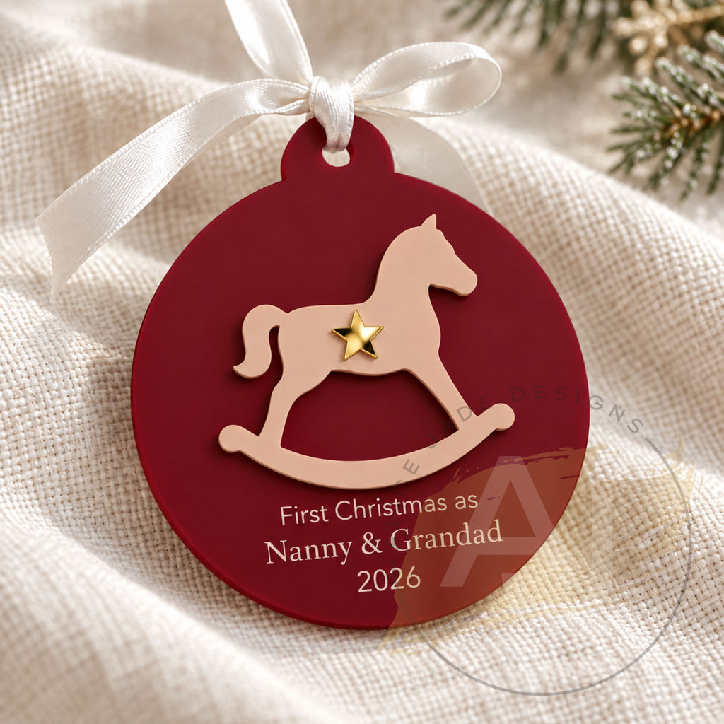 Personalised Rocking Horse Christmas Decoration, Custom Bauble, Baby’s First Christmas New Grandparents Keepsake