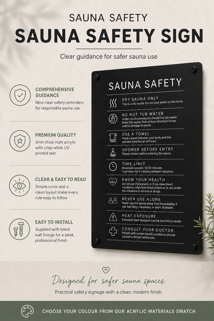 Custom Sauna Safety Plaque | Personalised Outdoor Acrylic Sign for Airbnb & Holiday Rentals