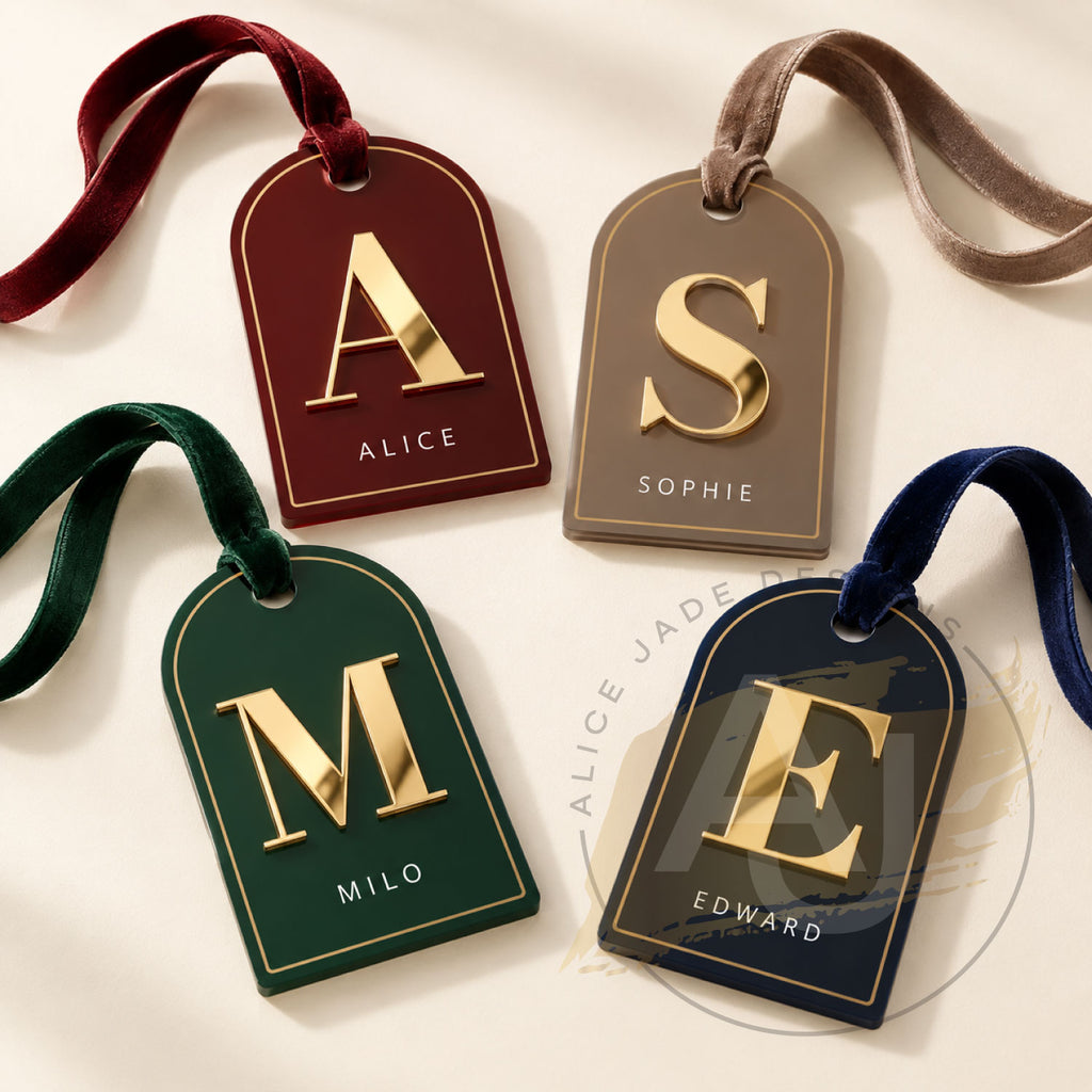 Personalised Acrylic Christmas Stocking Tag with Gold Mirror Initial and Name