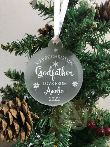 Personalised Merry Christmas Godfather Christmas Tree Frosted Bauble Decoration Gift
