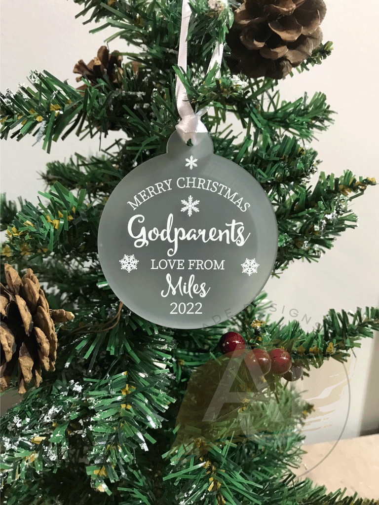 Personalised Merry Christmas Godparents Christmas Tree Frosted Bauble Decoration Gift