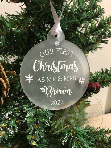 Personalised Mr & Mrs, Mr Mr, Mrs Mrs First Christmas Married Tree Frosted Bauble Decoration Wedding Gift