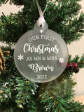 Personalised Mr & Mrs, Mr Mr, Mrs Mrs First Christmas Married Tree Frosted Bauble Decoration Wedding Gift