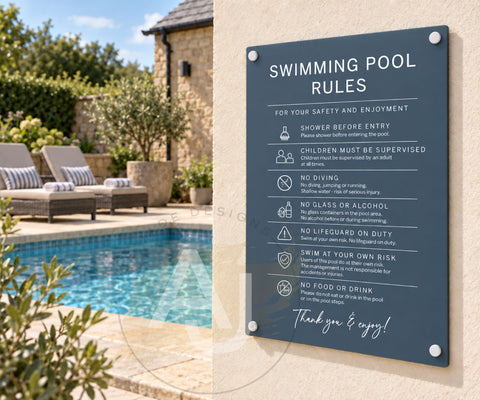 Custom Swimming Pool Rules Plaque | Personalised Outdoor Acrylic Sign for Airbnb & Holiday Rentals