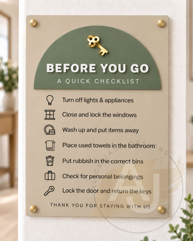 Before You Go – Acrylic Checkout Checklist Sign for Holiday Lets & Airbnb