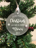 Personalised Mr & Mrs, Mr Mr, Mrs Mrs First Christmas Married Tree Frosted Bauble Decoration Wedding Gift