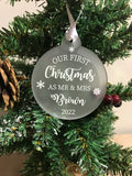 Personalised Mr & Mrs, Mr Mr, Mrs Mrs First Christmas Married Tree Frosted Bauble Decoration Wedding Gift