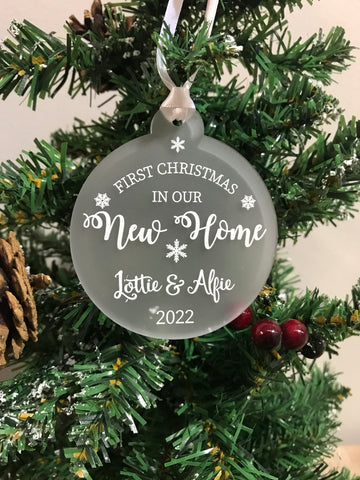 Personalised First Christmas in our New Home Couples Tree Frosted Bauble Decoration Gift