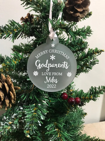 Personalised Merry Christmas Godparents Christmas Tree Frosted Bauble Decoration Gift