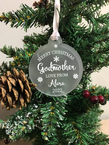 Personalised Merry Christmas Godmother Christmas Tree Frosted Bauble Decoration Gift