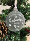 Personalised Merry Christmas Godmother Christmas Tree Frosted Bauble Decoration Gift