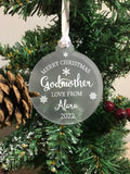 Personalised Merry Christmas Godmother Christmas Tree Frosted Bauble Decoration Gift