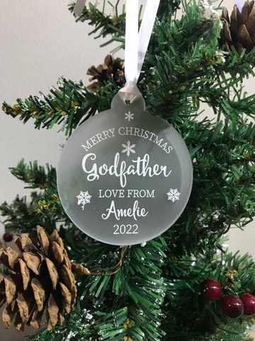 Personalised Merry Christmas Godfather Christmas Tree Frosted Bauble Decoration Gift