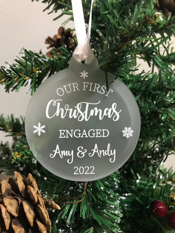 Personalised First Christmas Engaged Couples Tree Frosted Bauble Decoration Wedding Gift